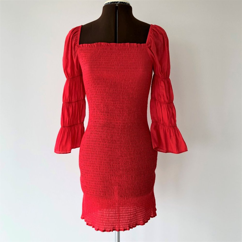 Red Shirred Dress with Puff Sleeves Size S